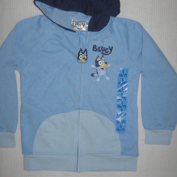 Bluey LUDO BBC Studio Kids Zip Up Hoodie Ribbed Knit Hemline Cuffs Blue Size 6/7 - Picture 3 of 7